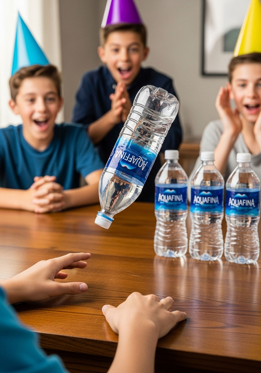 Water bottle mid-flip above table surface at birthday party flip challenge tournament game