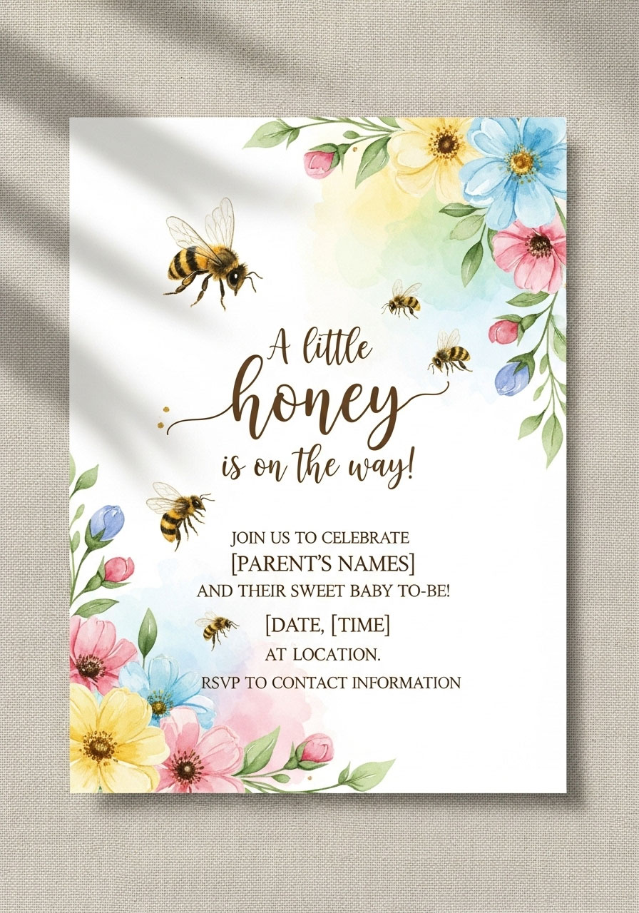 Watercolor illustrated honeybee baby shower invitation with soft painted flowers and bees