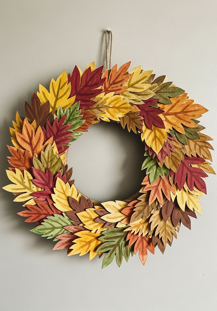 Watercolor fall leaf wreath craft with painted autumn leaves for children