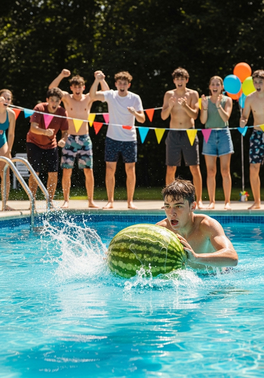 Teenagers swimming with watermelon in pool relay race party game