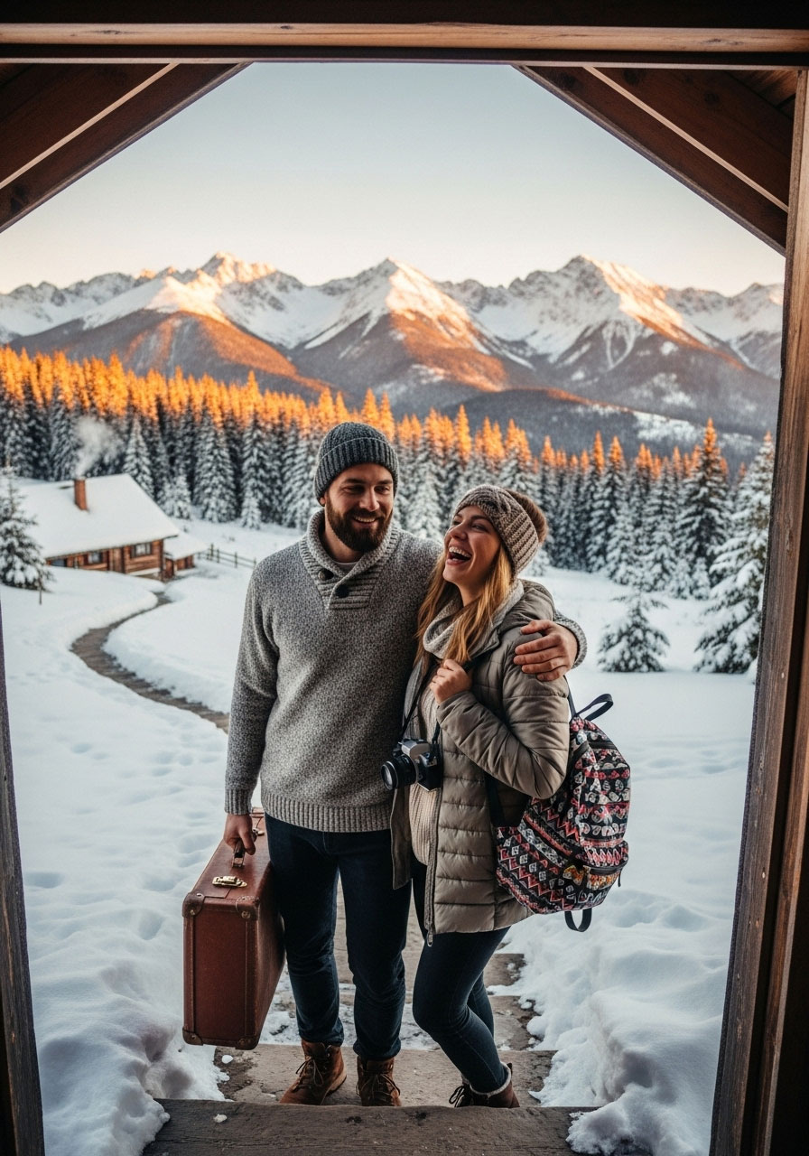 Couple arriving at mountain cabin for weekend getaway vacation Christmas gift experience