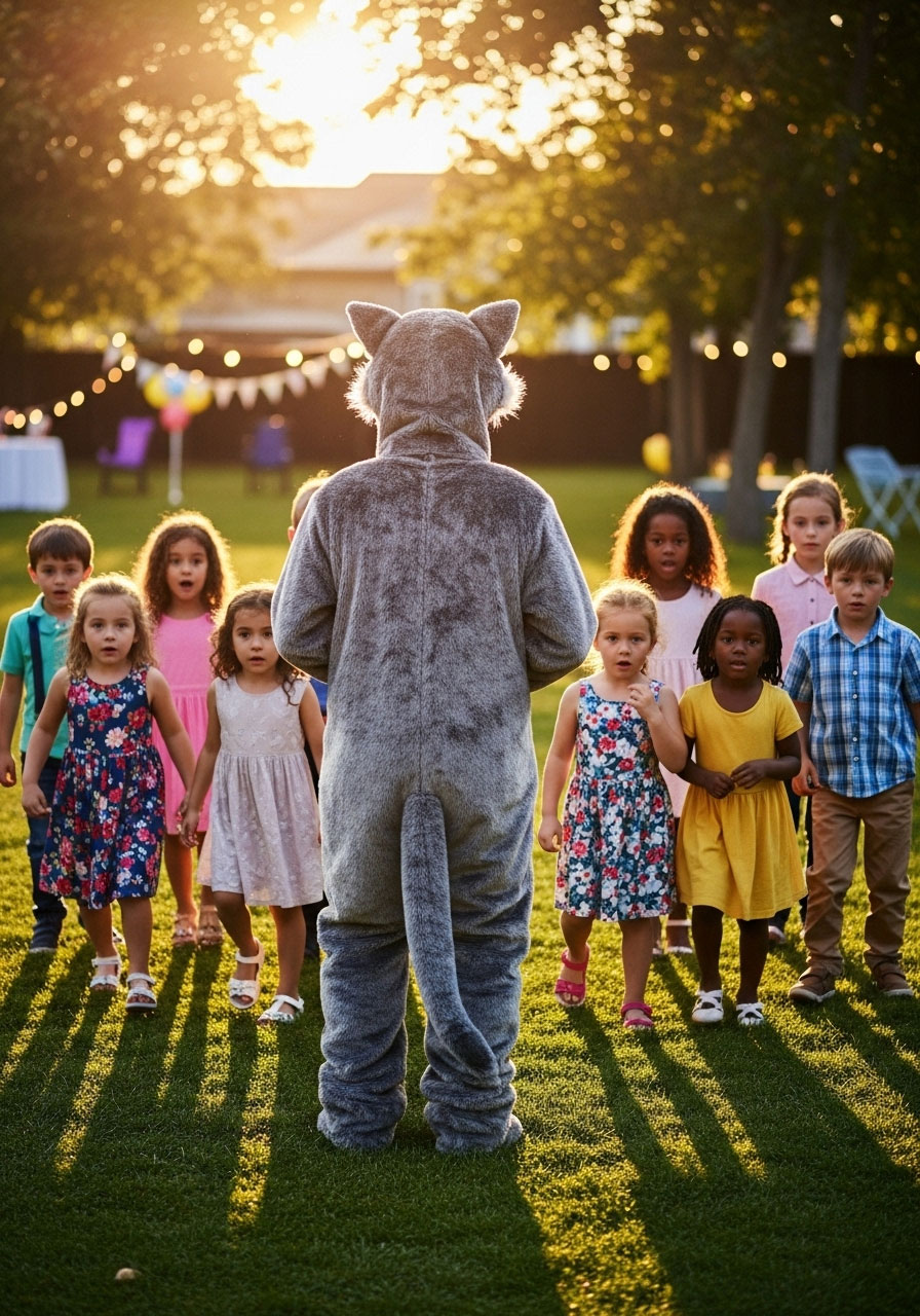Kindergarten children playing What Time Is It Mr. Wolf chase game at outdoor birthday party