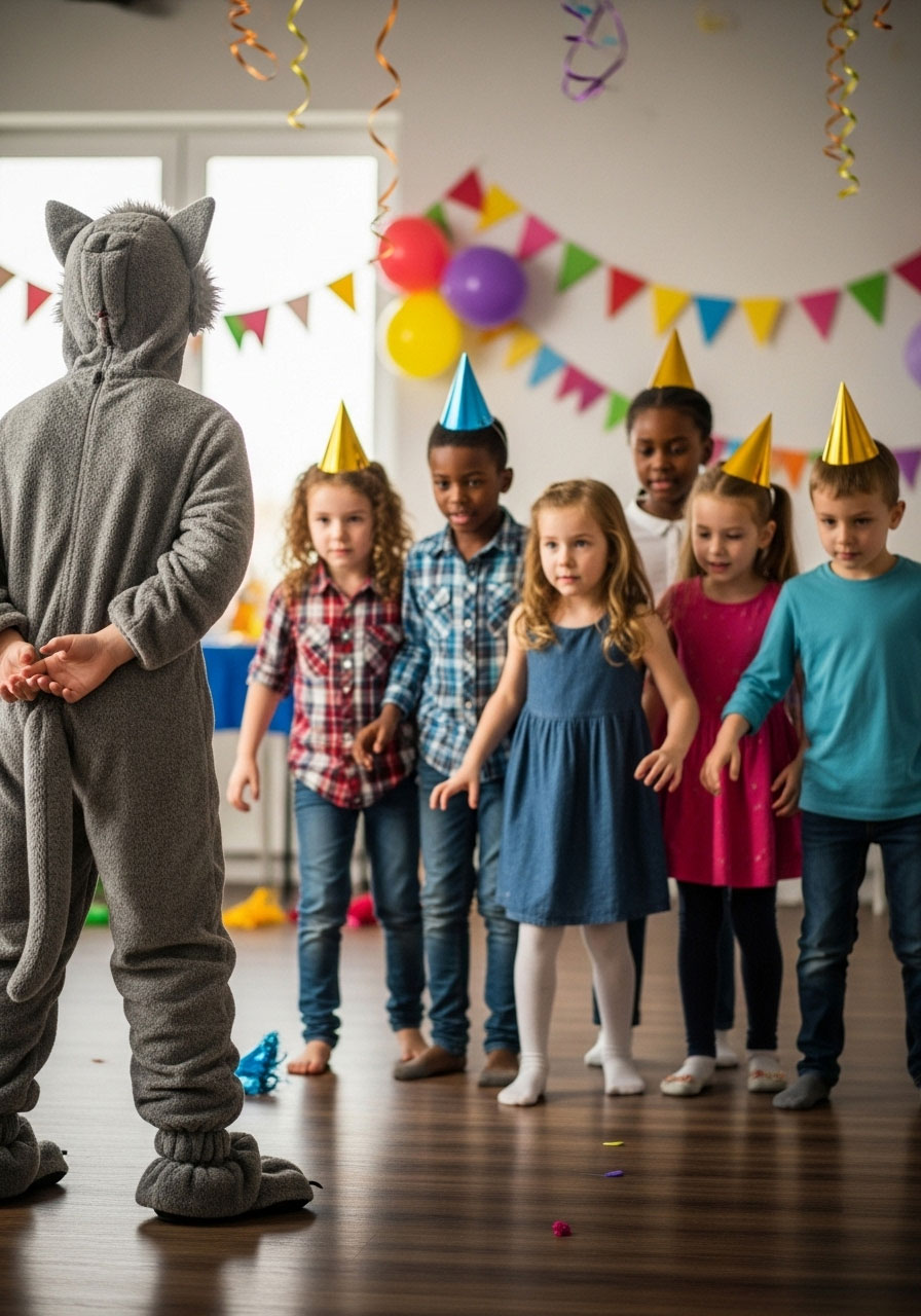 Kids playing what time is it Mr. Wolf chase game at indoor birthday party