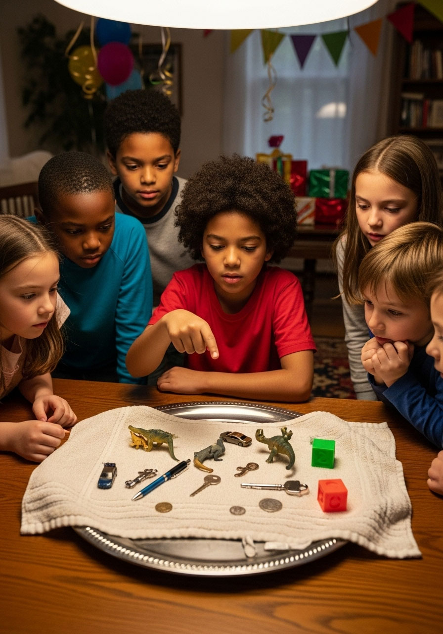 Children around tray playing what's missing memory game at indoor birthday party