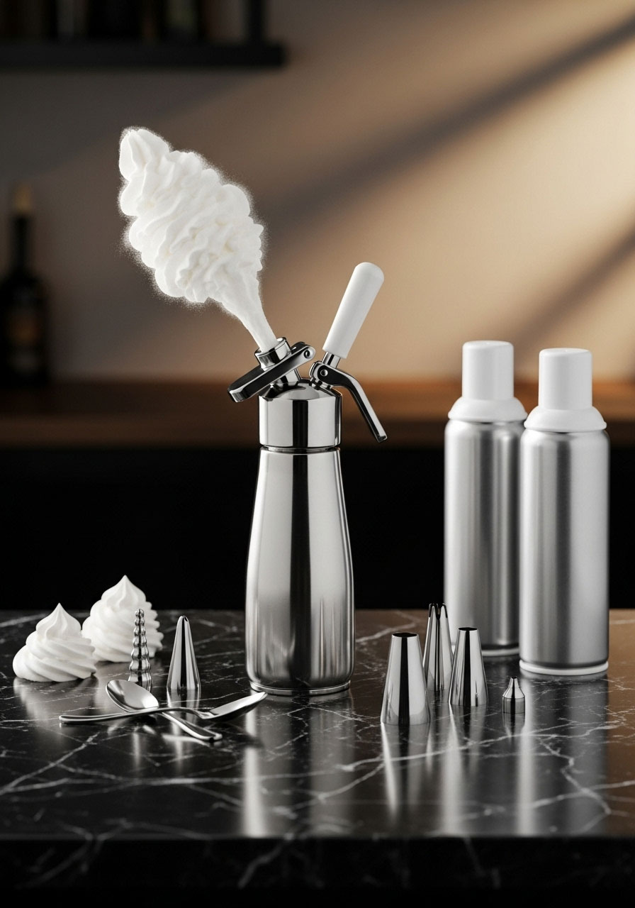 Stainless steel whipped cream dispenser shown mid-dispensing with backup canned whipped cream and serving spoons positioned at cocoa bar