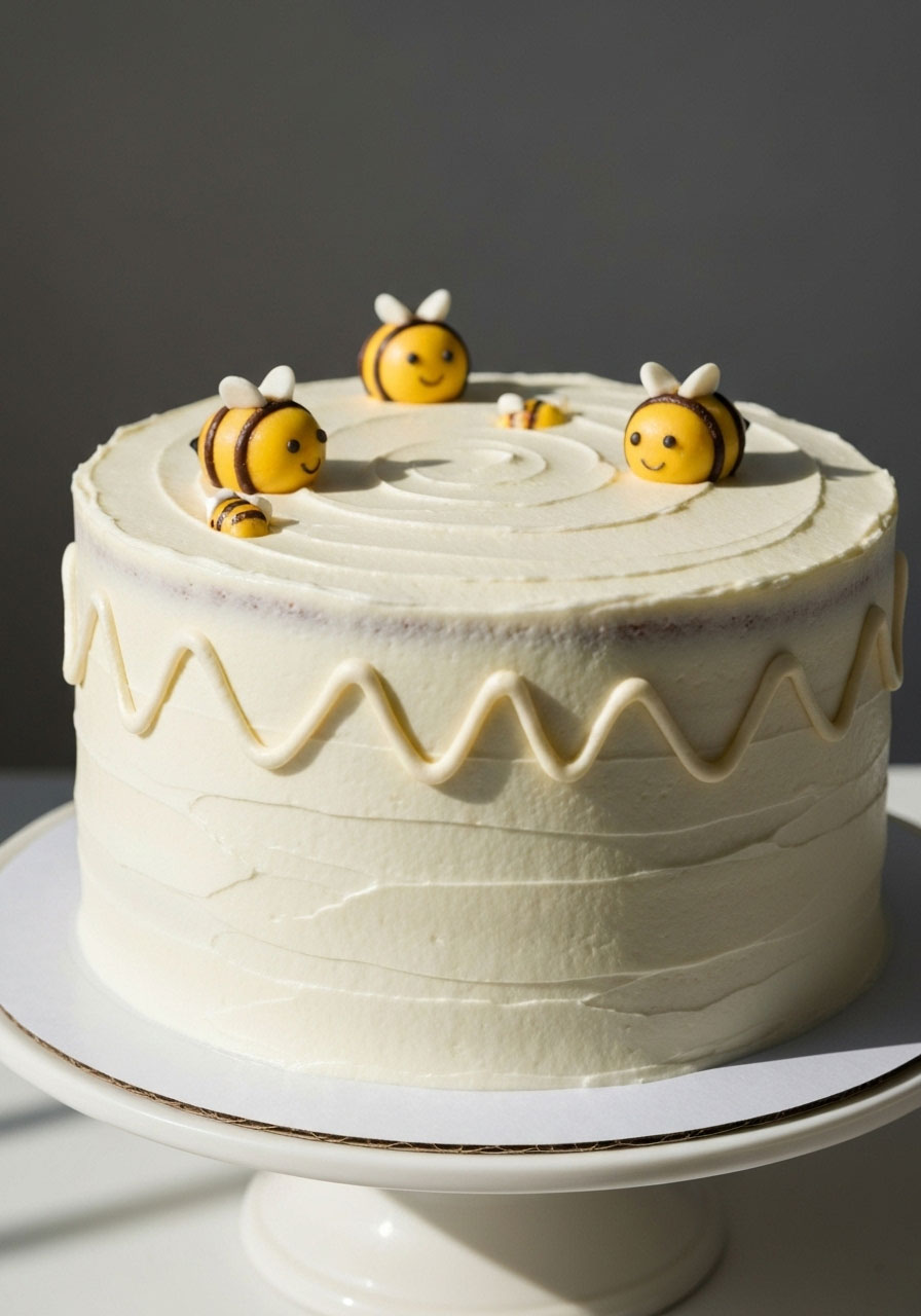 Simple white frosted cake with bee candy toppers and buzzing trails for honeybee baby shower