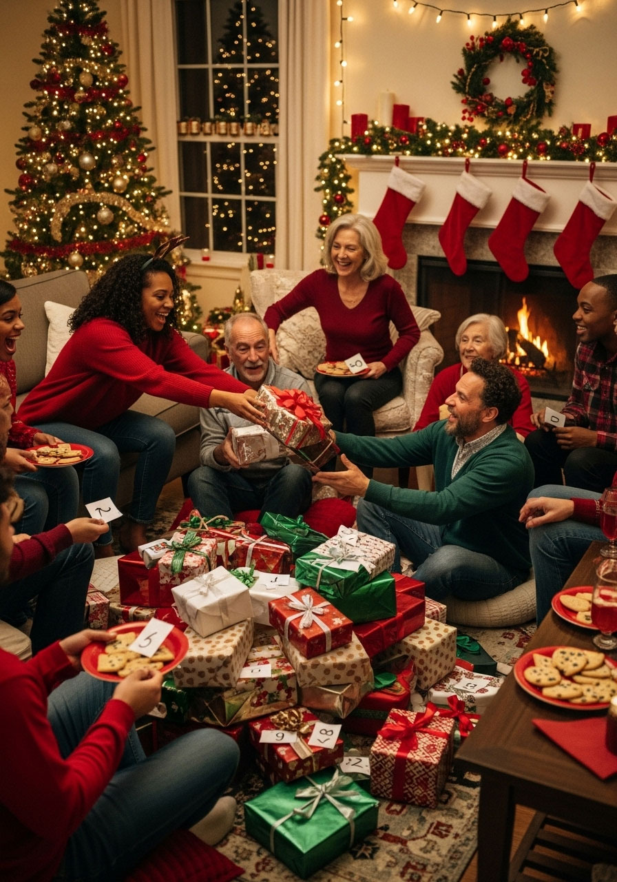 Classic white elephant gift exchange with numbered tickets and group of people choosing and stealing wrapped Christmas presents
