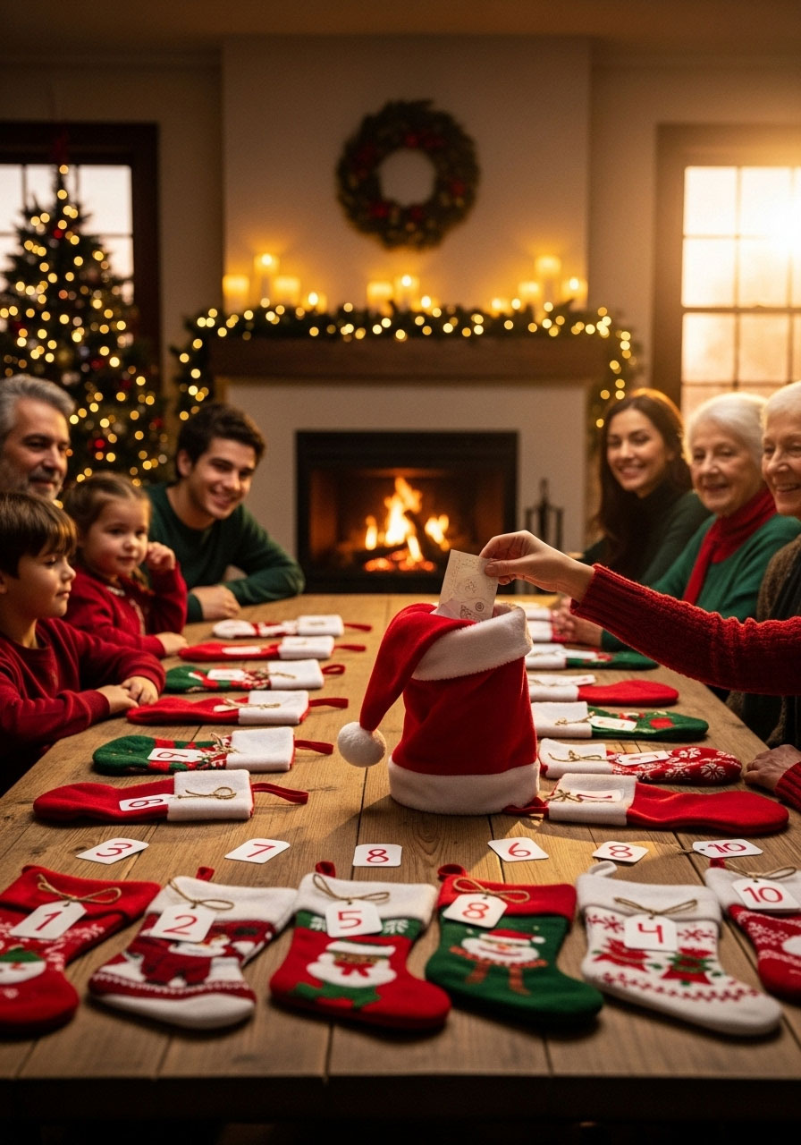 Numbered Christmas stockings lined up on table for white elephant gift exchange game with family drawing numbers from Santa hat