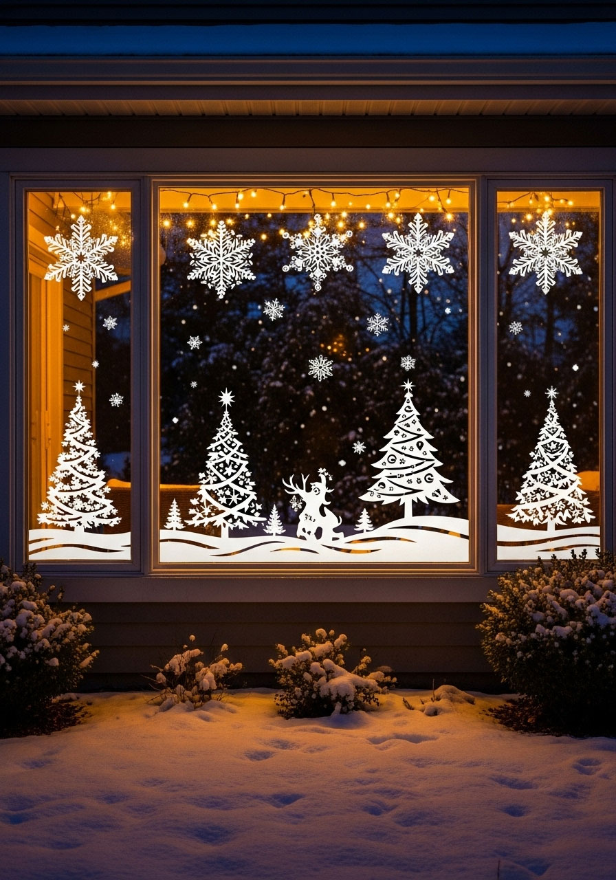 DIY window Christmas cling decorations with fairy light backdrop