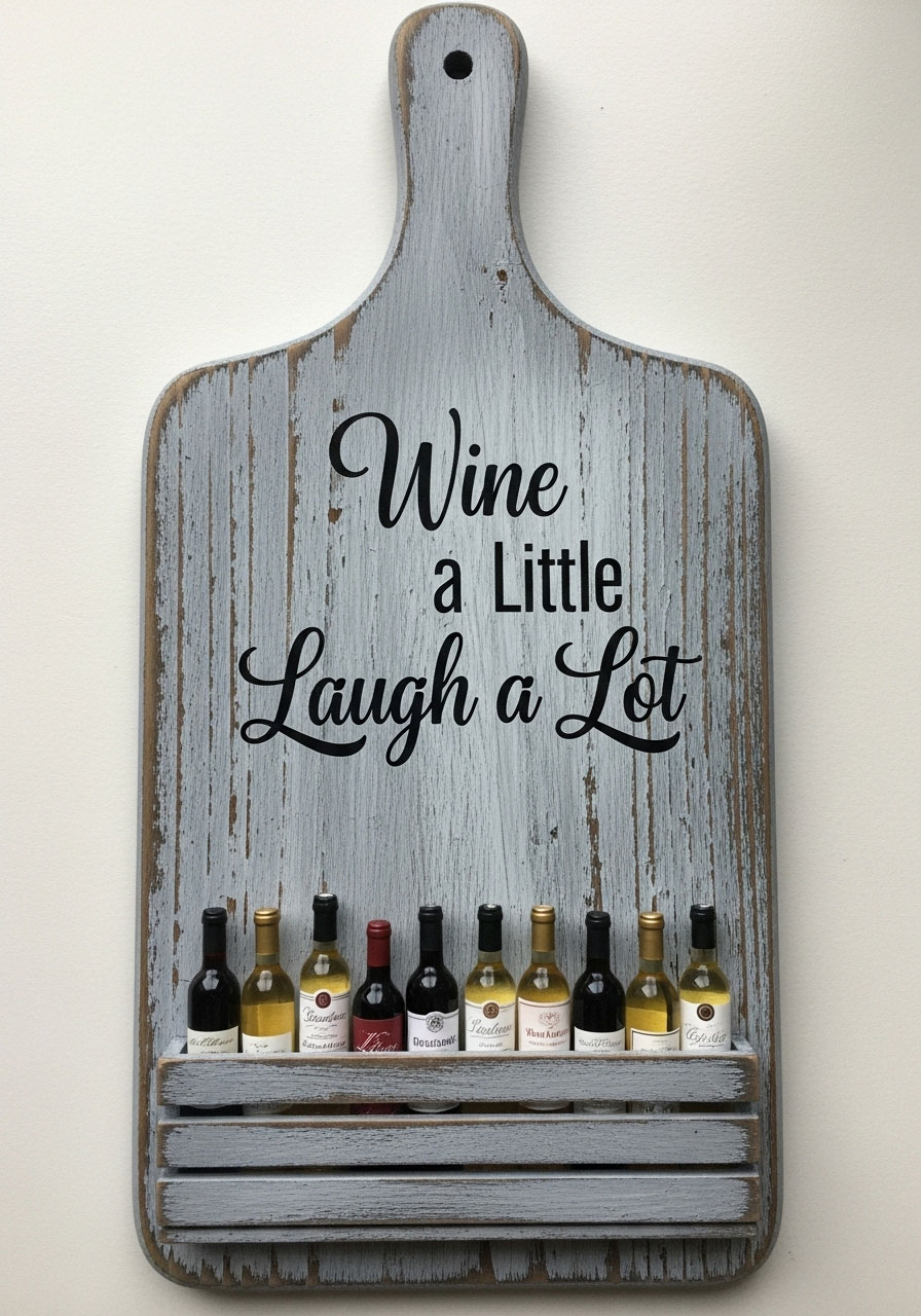 Wine bottle holder Dollar Tree cutting board with distressed gray finish and wine quote for kitchen bar decor