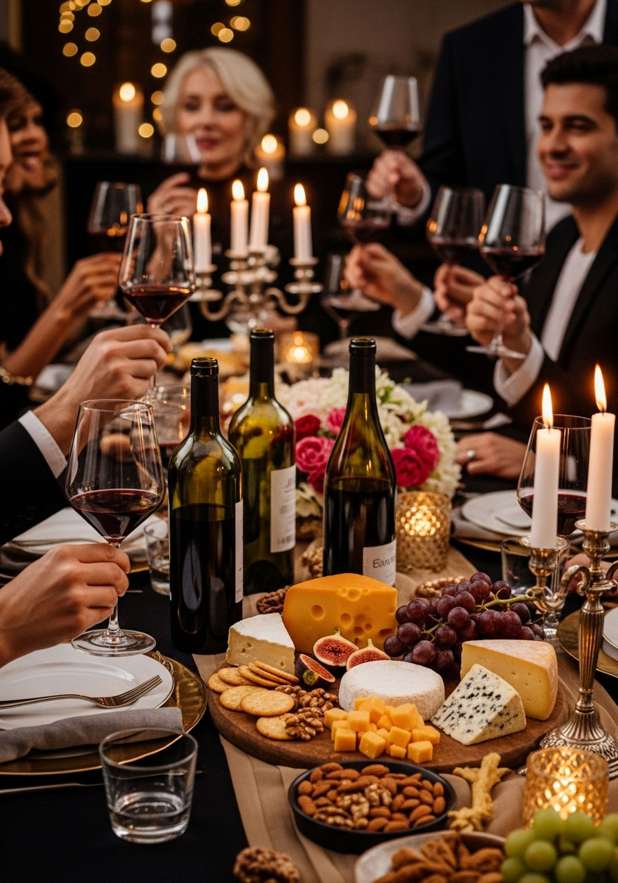Adults enjoying wine and cheese tasting at sophisticated Christmas pairing party