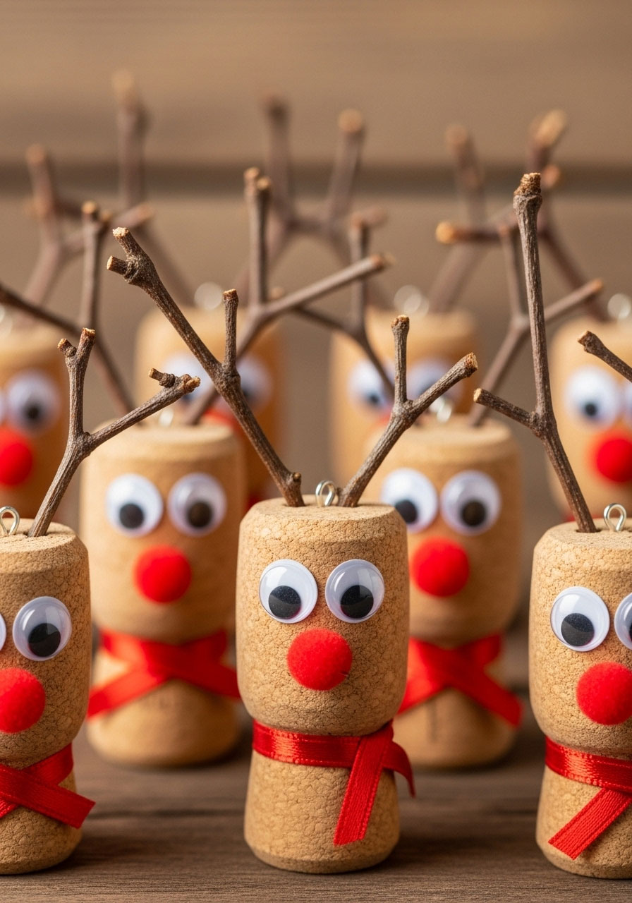 Wine cork reindeer Christmas ornaments adult craft, rustic DIY holiday decorations made from recycled corks