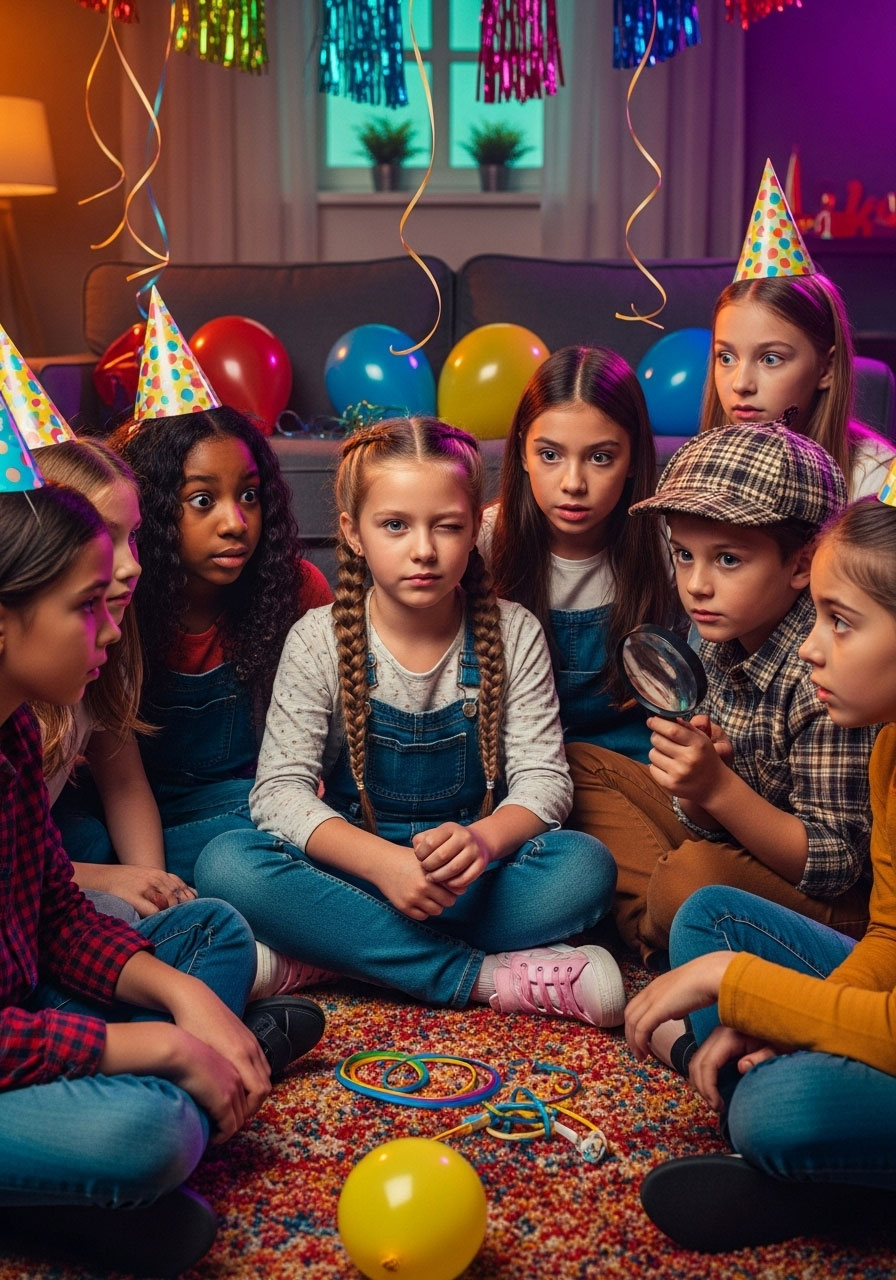 Kids sitting in circle playing wink assassin mystery game at indoor birthday party