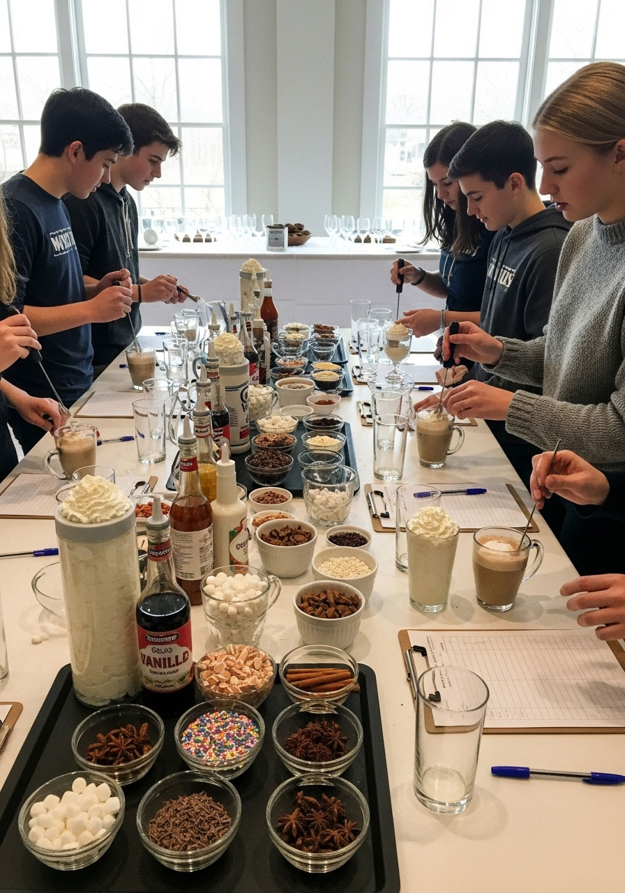 Teen winter beverage competition with multiple ingredient stations, drink creation in progress, and judging setup in modern kitchen