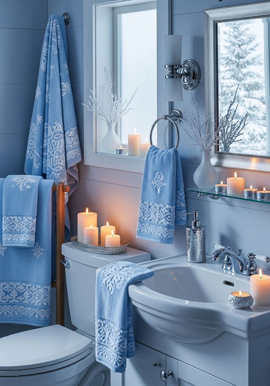 Elegant cabin bathroom decorated as winter wonderland with icy blue and white towels, snowflake patterns, and silver accents