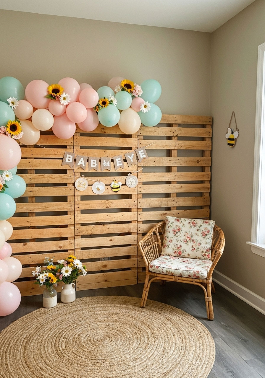 Rustic wood pallet backdrop for honeybee baby shower gift opening photo area