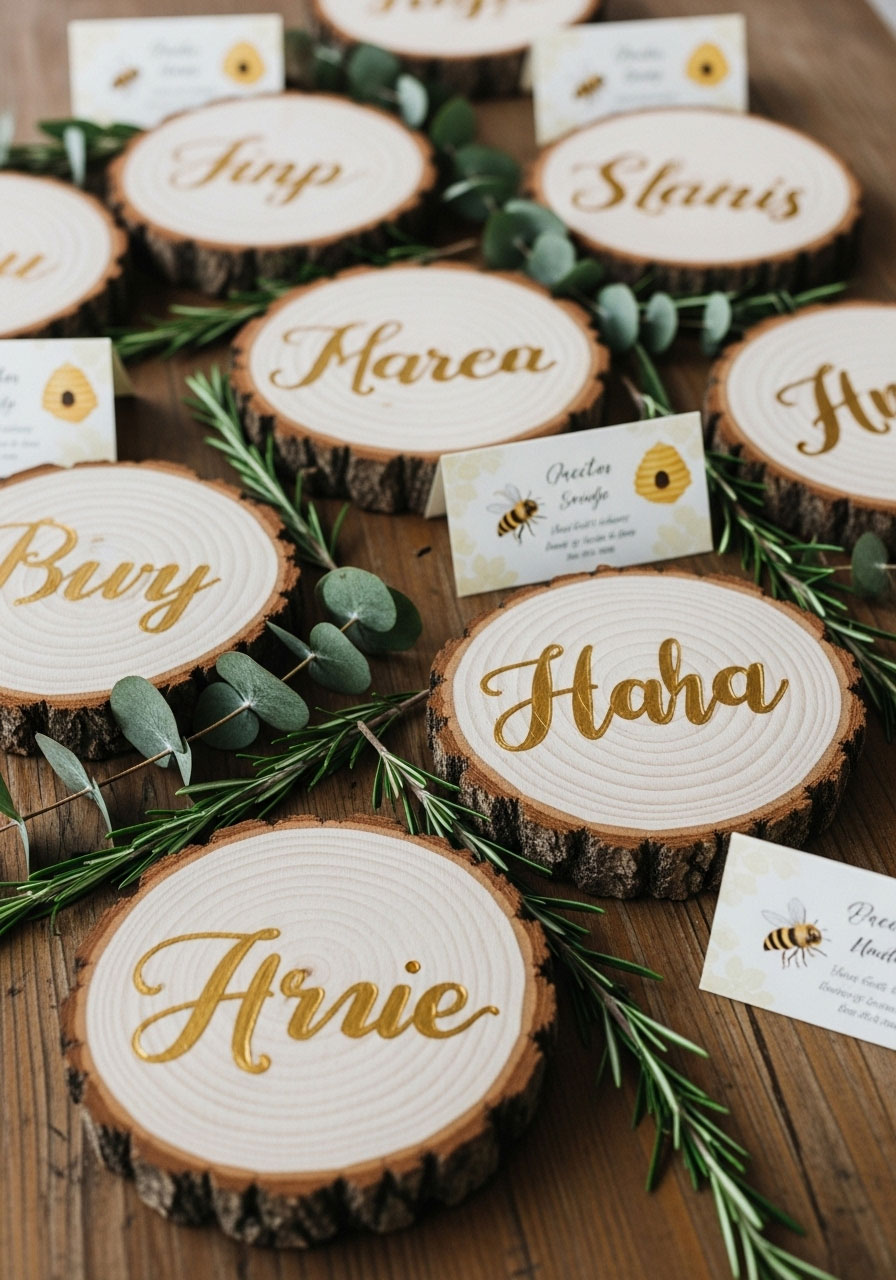Rustic wood slice name plate place cards for honeybee baby shower table decorations