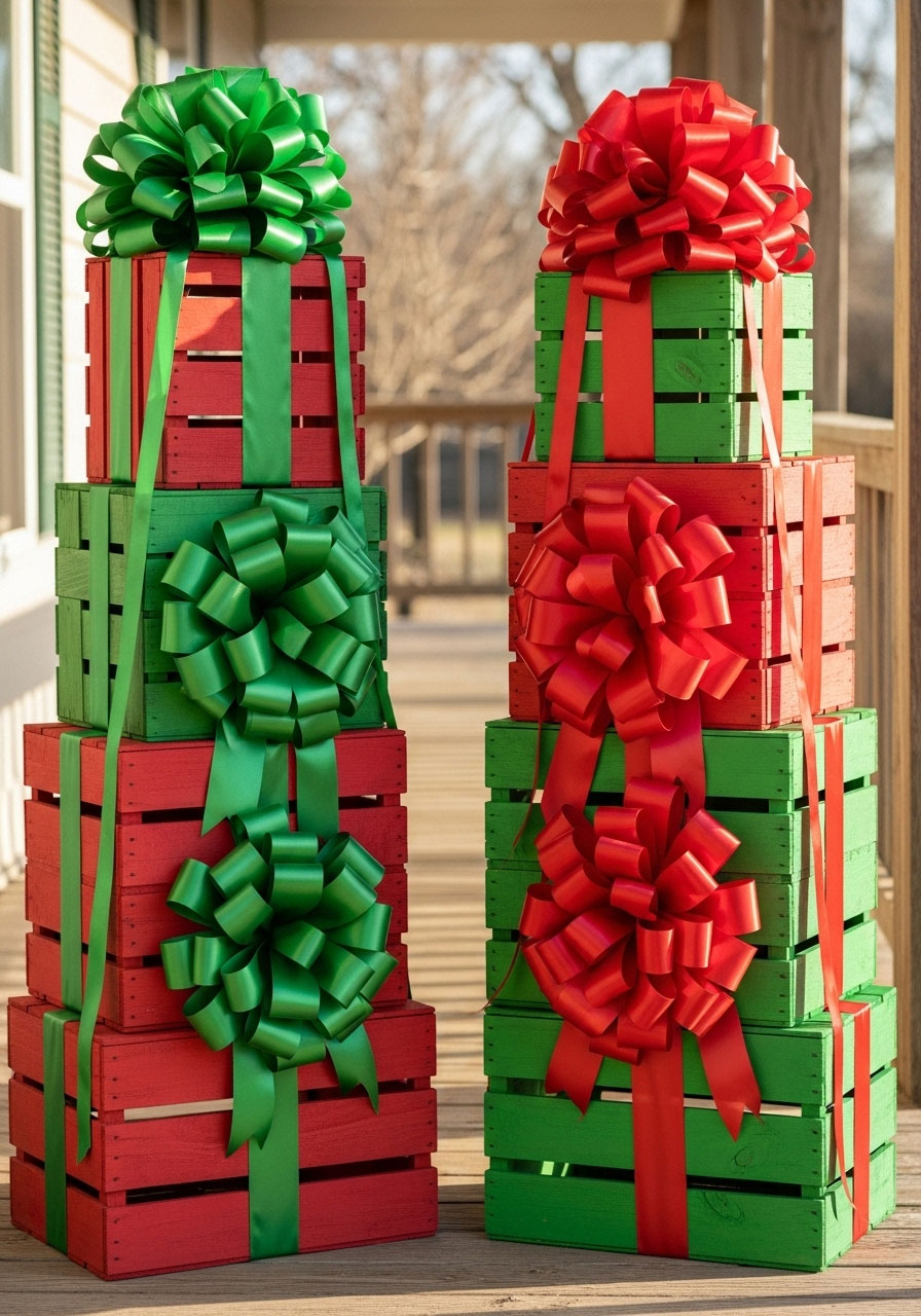 DIY wooden crate gift box towers with ribbons and bows for porch decoration
