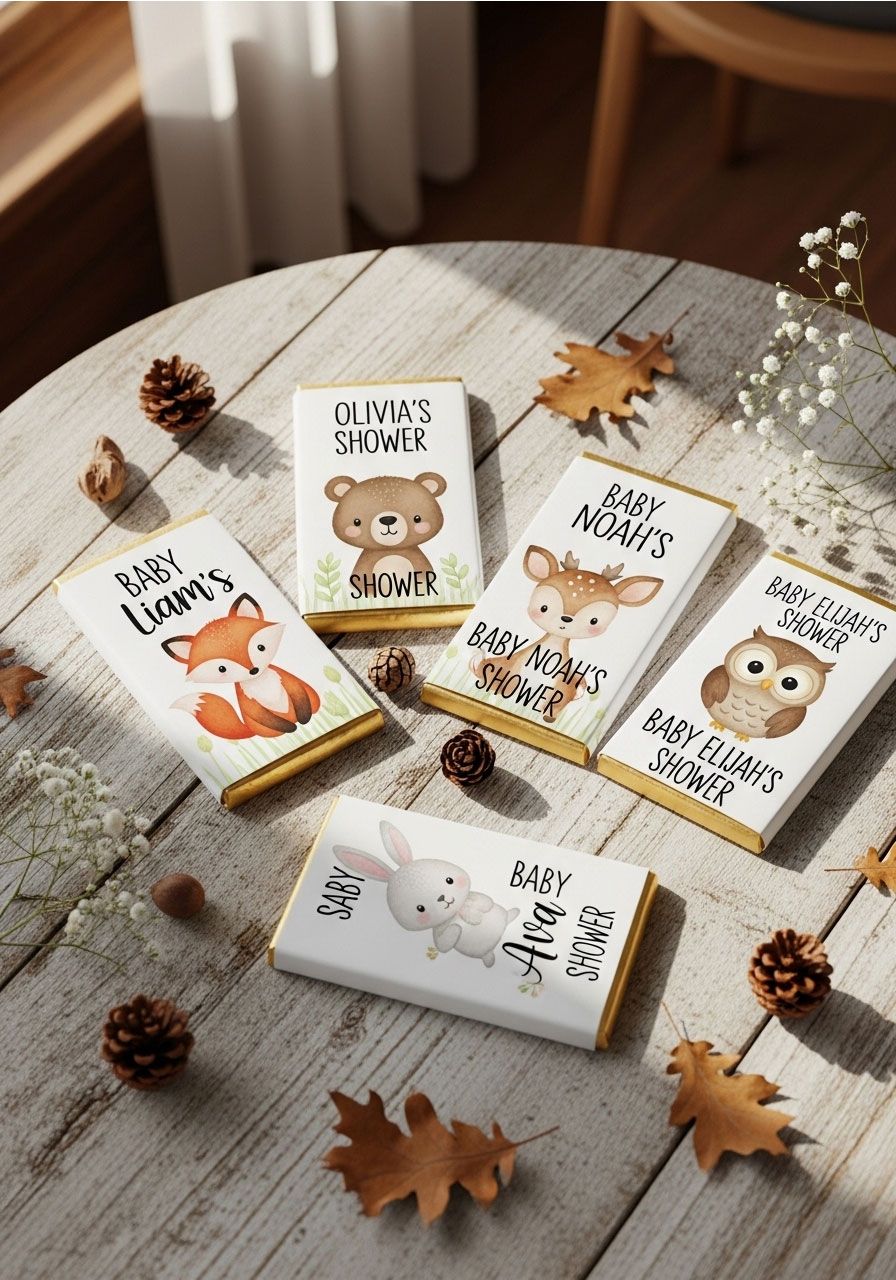 Custom woodland creature candy bar wrappers, an enchanting and easy baby shower favor idea.