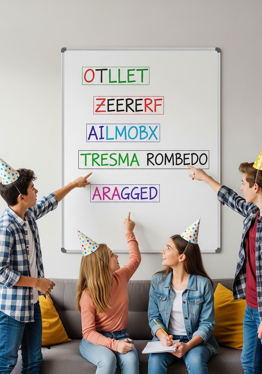 Group of 13-year-olds solving word scramble challenge at birthday scavenger hunt