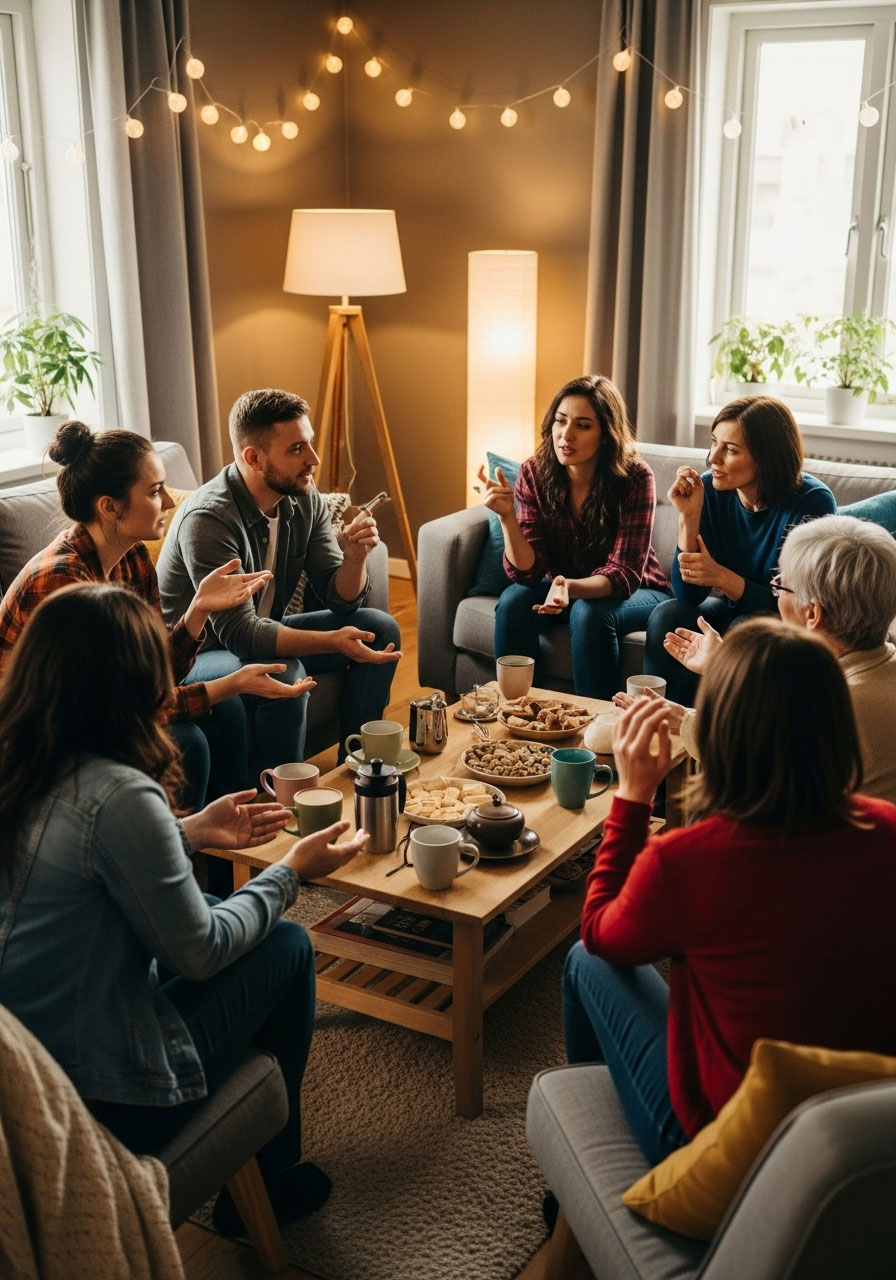 Friends playing Would You Rather discussion game sitting in circle at birthday gathering