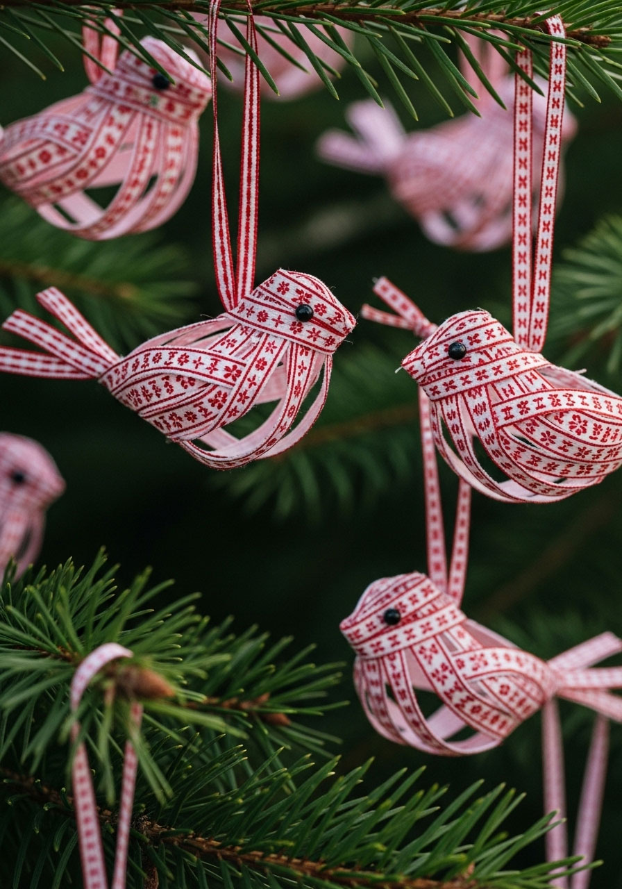 Handcrafted woven ribbon bird ornament in red and white hanging on evergreen branch for whimsical vintage Christmas decor