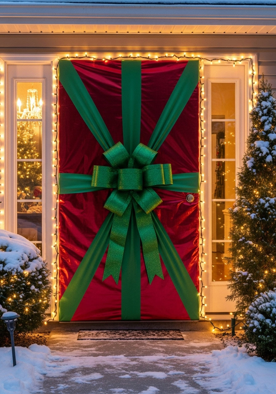 DIY front door wrapped like giant Christmas present