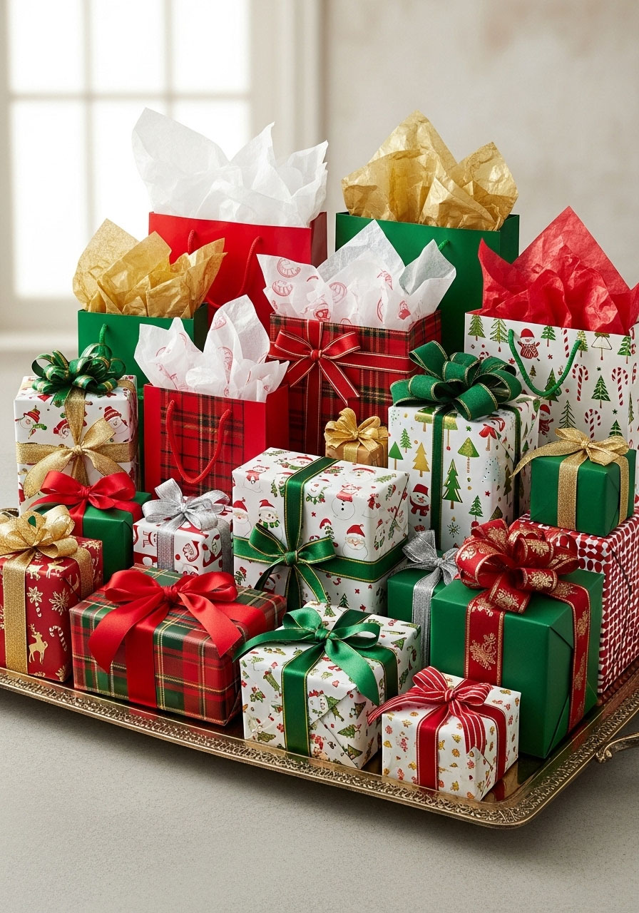 Tray of wrapped mystery prizes and gifts for Let's Make a Deal party game final round