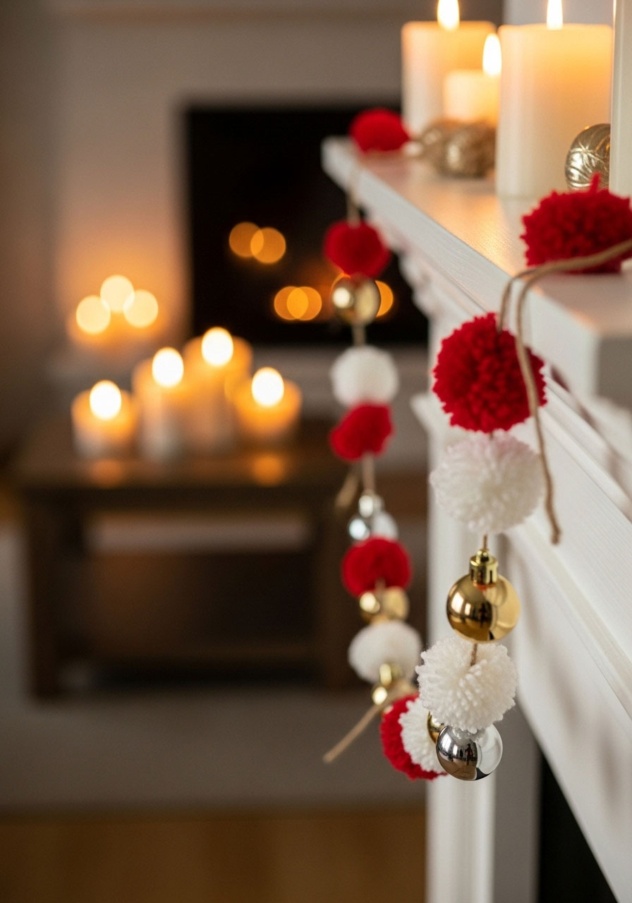 Handmade yarn pom-pom and ornament garland draped on mantel for cozy rustic Christmas decoration