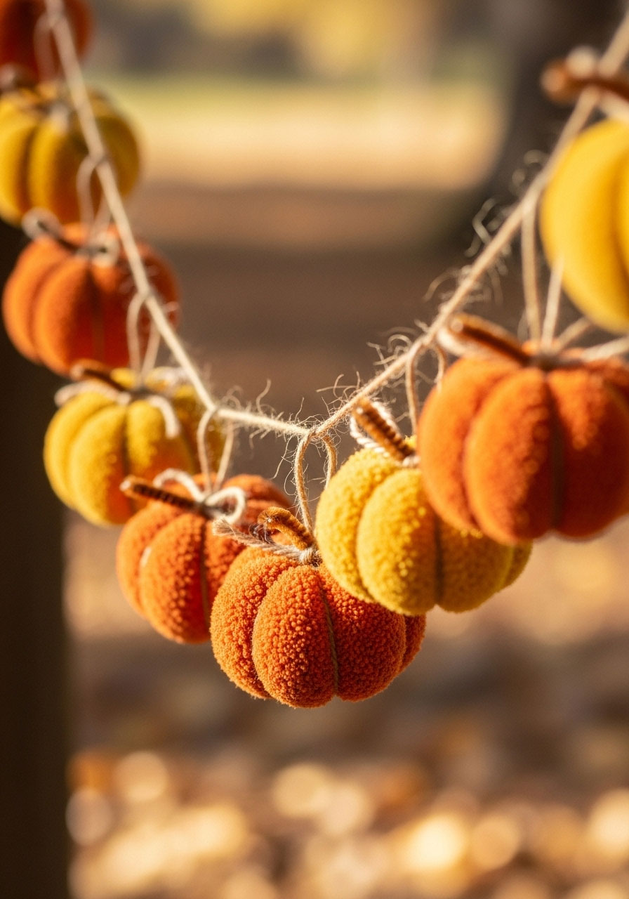 Yarn pumpkin garland craft for autumn decoration made by kids