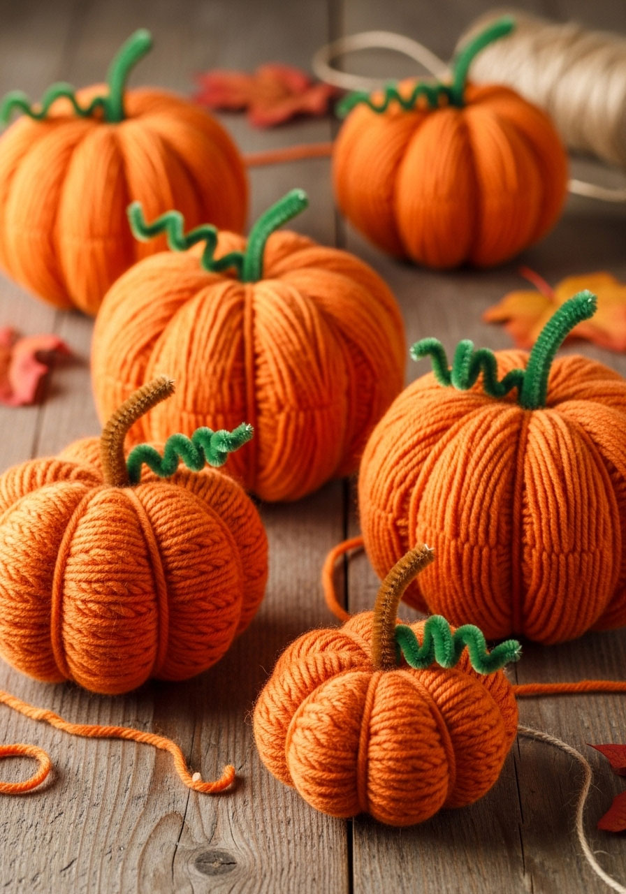 Yarn wrapped pumpkins craft with pipe cleaner stems for children