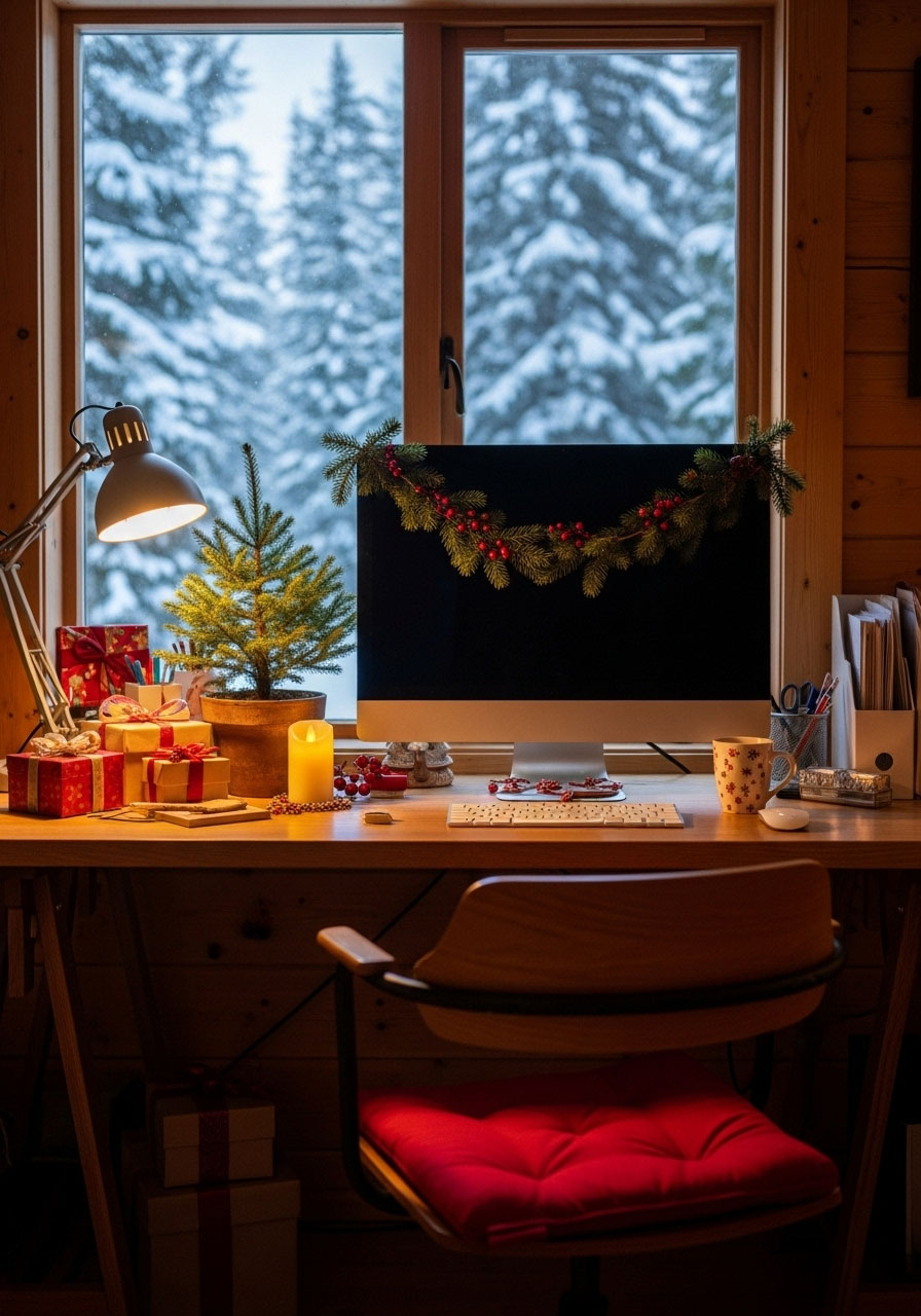 Cabin home office decorated for Christmas with potted fir tree, desk garland, festive accessories, and window showing winter scenery