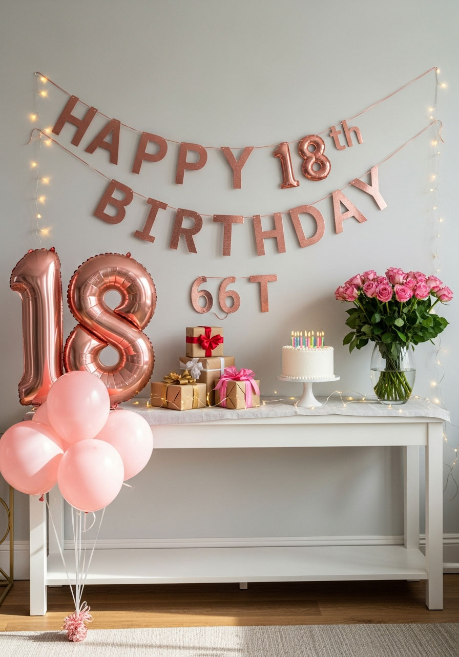 Complete 18th birthday display table with balloons presents cake and banner decoration at home