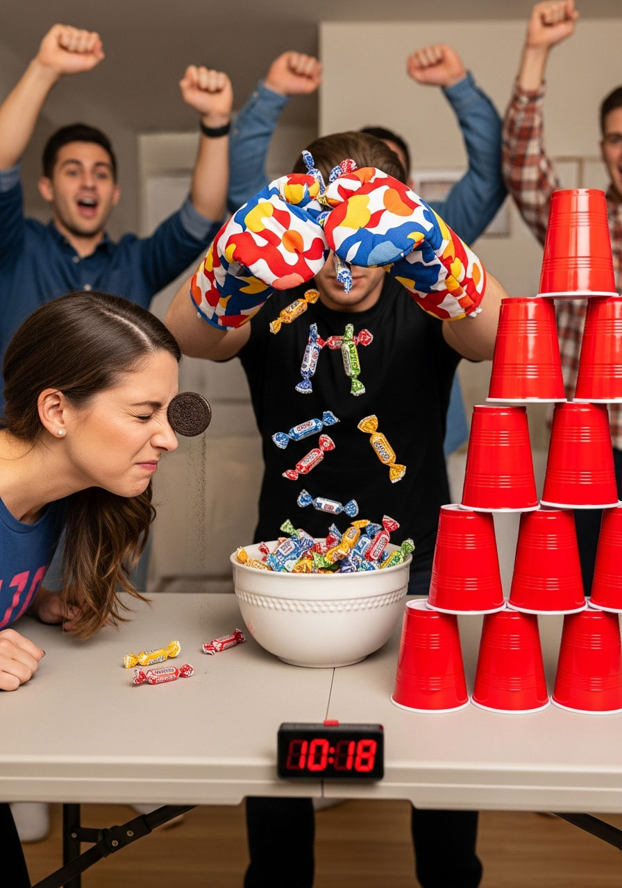 People competing in rapid 30-second party challenges with cookie and cup stacking at birthday party