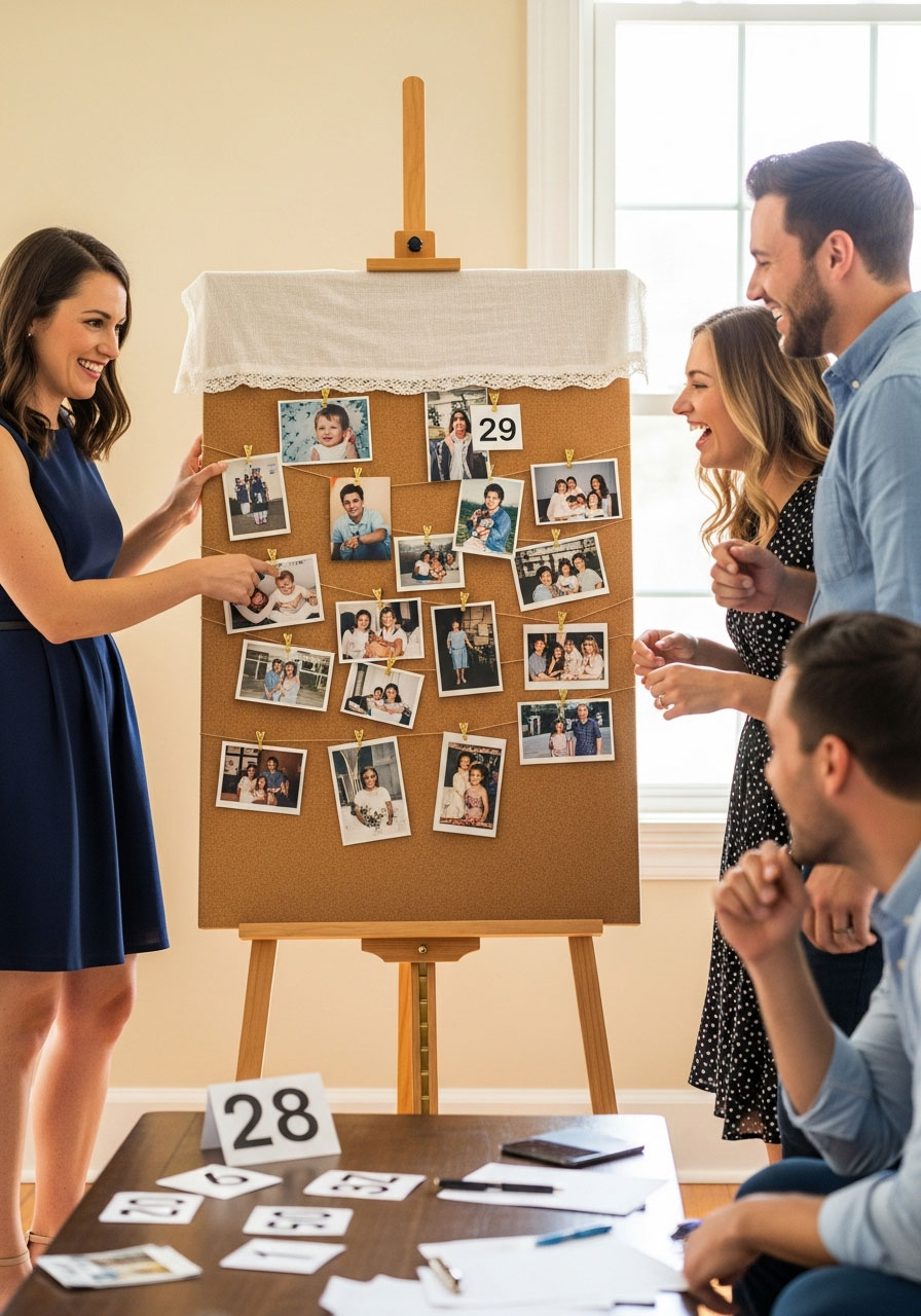 Adults playing memory lane guessing game with vintage photos at 30th birthday party celebration
