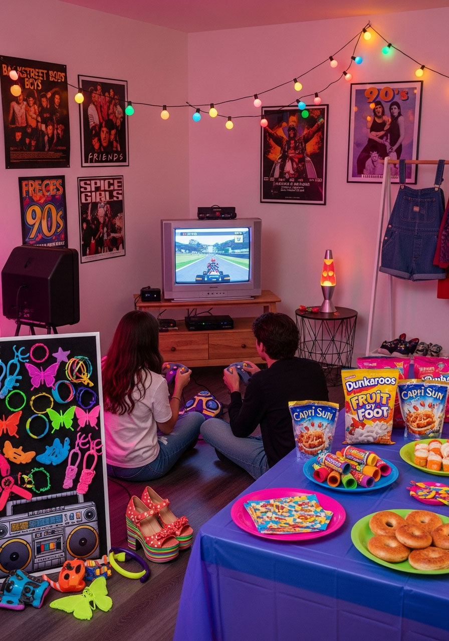 '90s throwback birthday party featuring vintage Nintendo 64 gaming, nostalgic snacks, decade posters, and photo booth with '90s fashion props