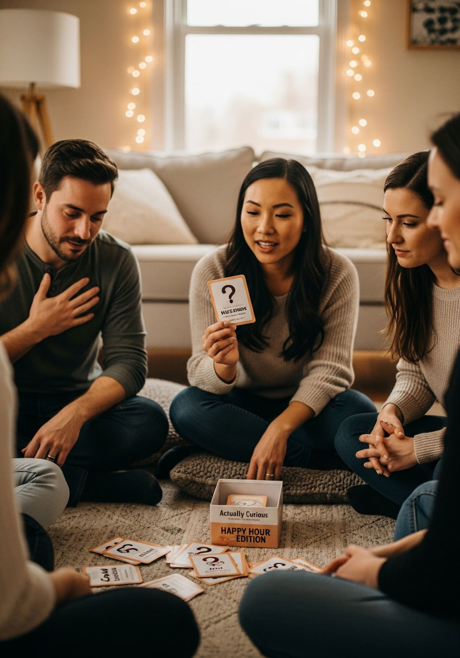 Friends playing Actually Curious conversation card game at birthday party creating emotional connection in intimate circle
