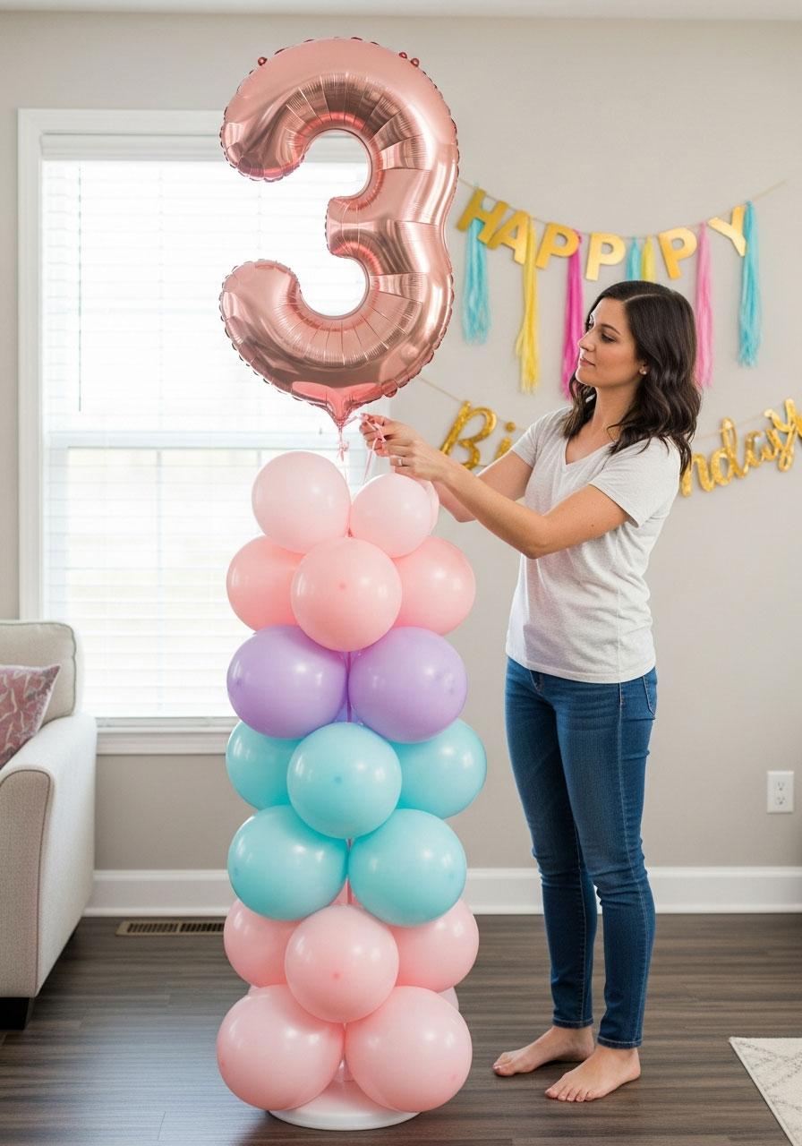 Attaching giant foil number balloon to top of DIY balloon column for birthday party decoration