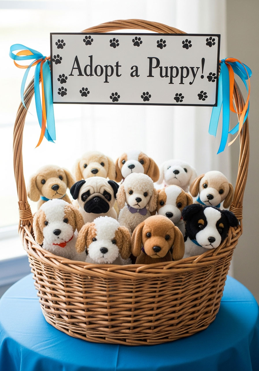 Adopt a puppy station with wicker basket filled with small stuffed dog toys for birthday party favors