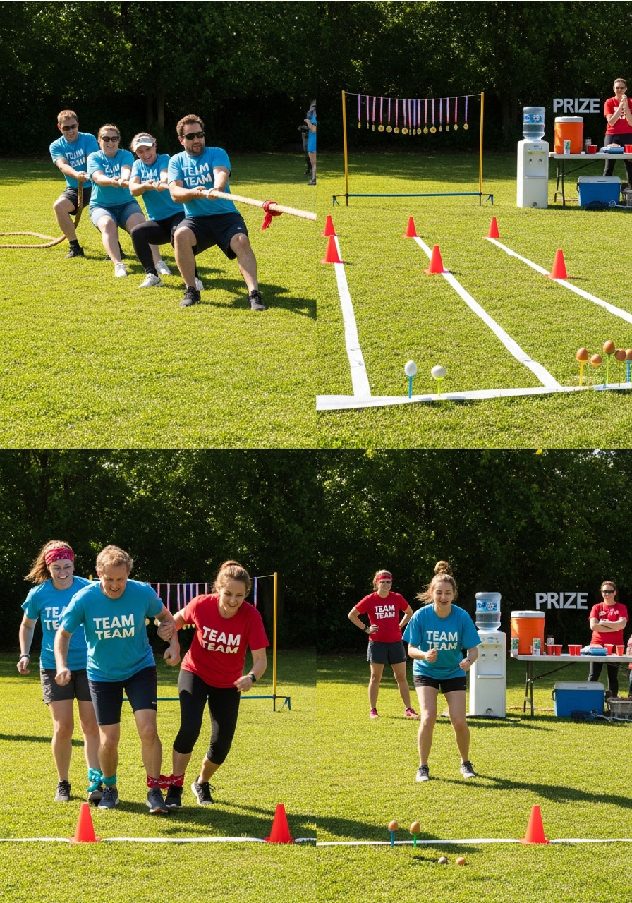 Adult field day birthday party showing three-legged race, tug-of-war, and egg-and-spoon race with teams competing in backyard setup