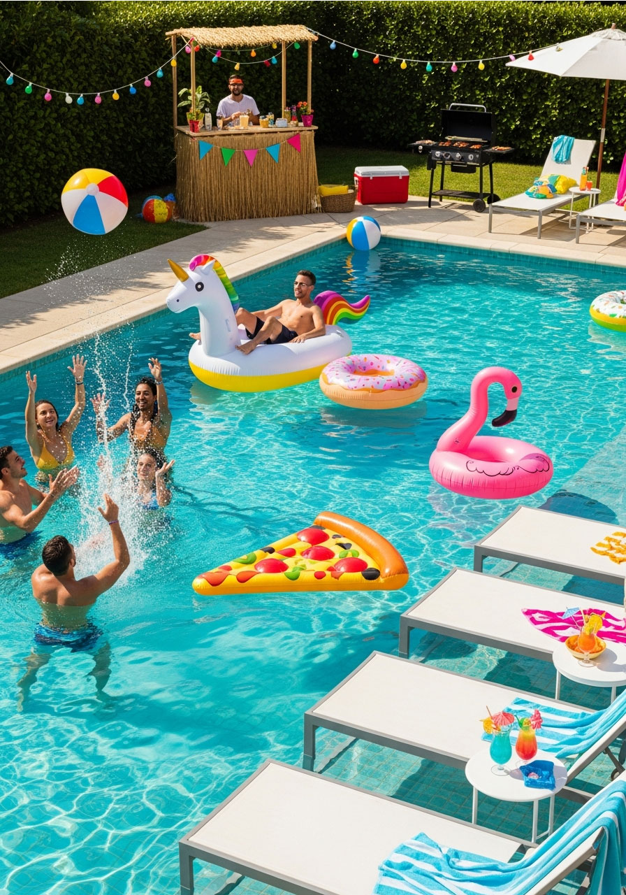 Adult pool birthday party with giant inflatable floats, guests swimming and playing, poolside lounge chairs, tiki bar, and summer party atmosphere