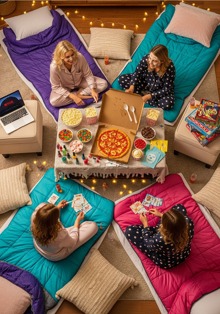 Adult slumber party birthday setup with sleeping bags, pajamas, face masks, snacks, movies, and friends having cozy nostalgic celebration