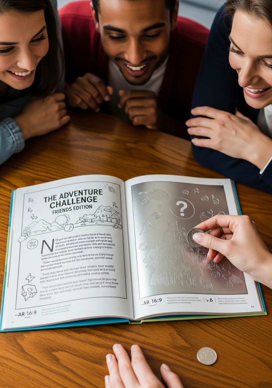 Friends scratching off mystery challenges in Adventure Challenge book at birthday party revealing hidden activities