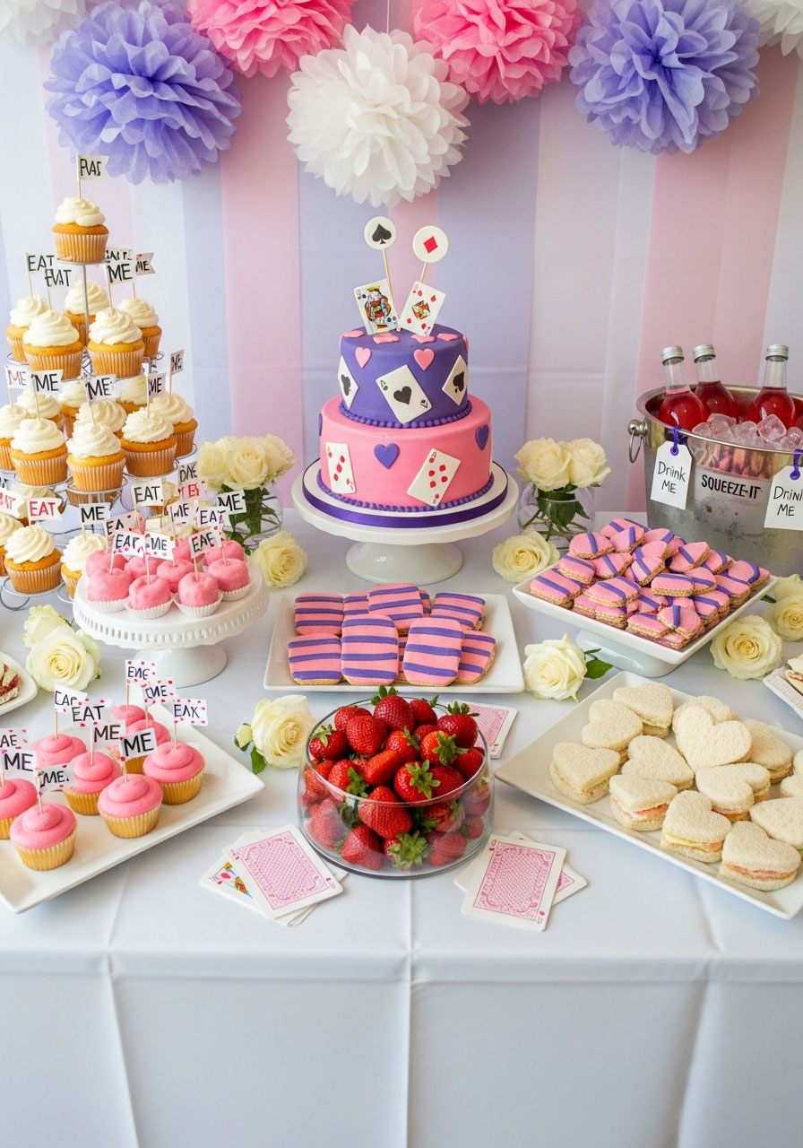 Alice in Wonderland themed food and dessert table with Eat Me cupcakes, topsy-turvy cake, and Drink Me beverages