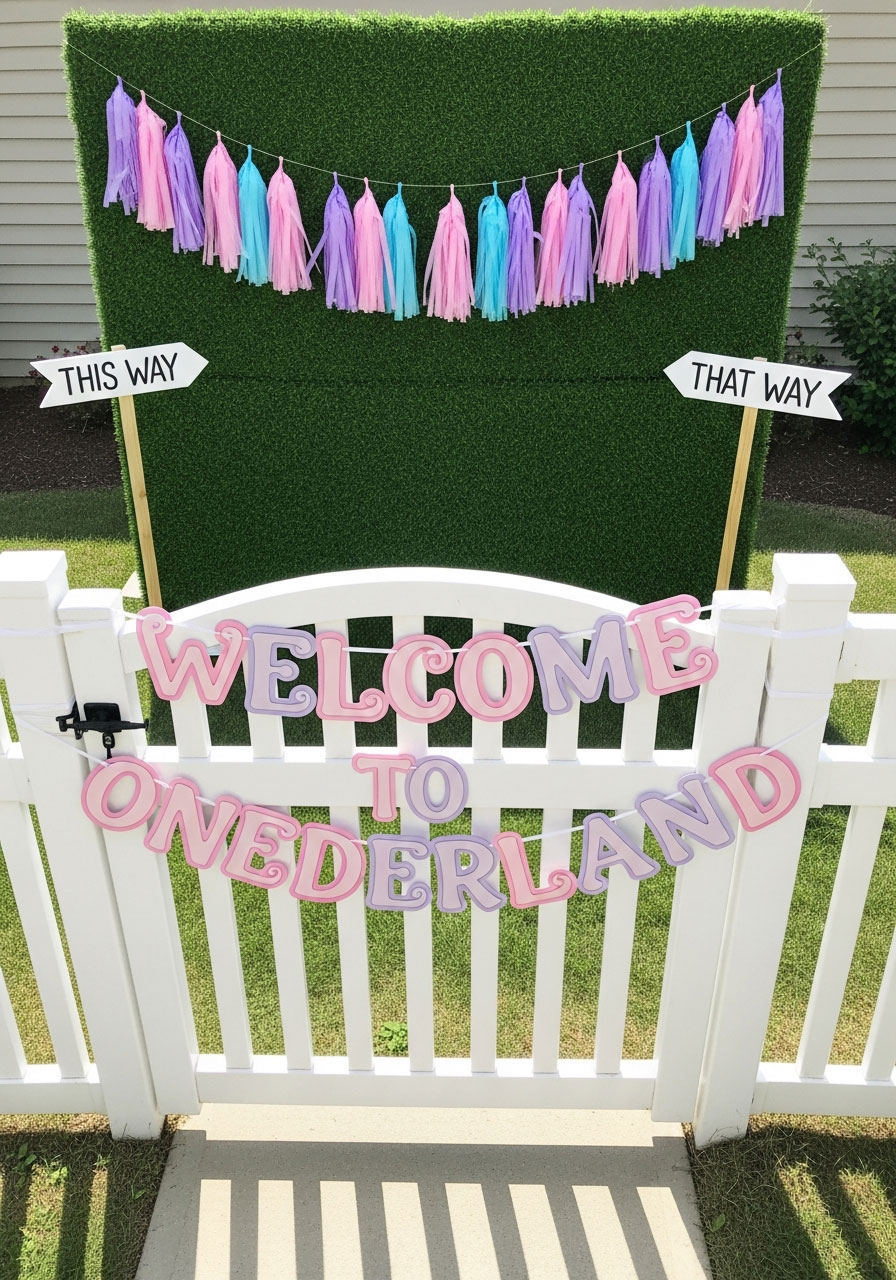 Alice in Wonderland first birthday party welcome banner with Onederland letters and whimsical decorations