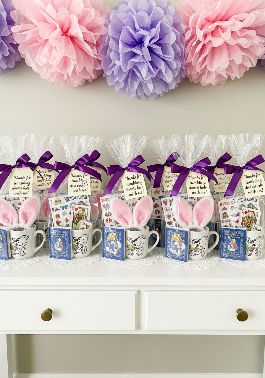 Alice in Wonderland party favor bags with mugs, playing cards, books, and rabbit ears for first birthday guests