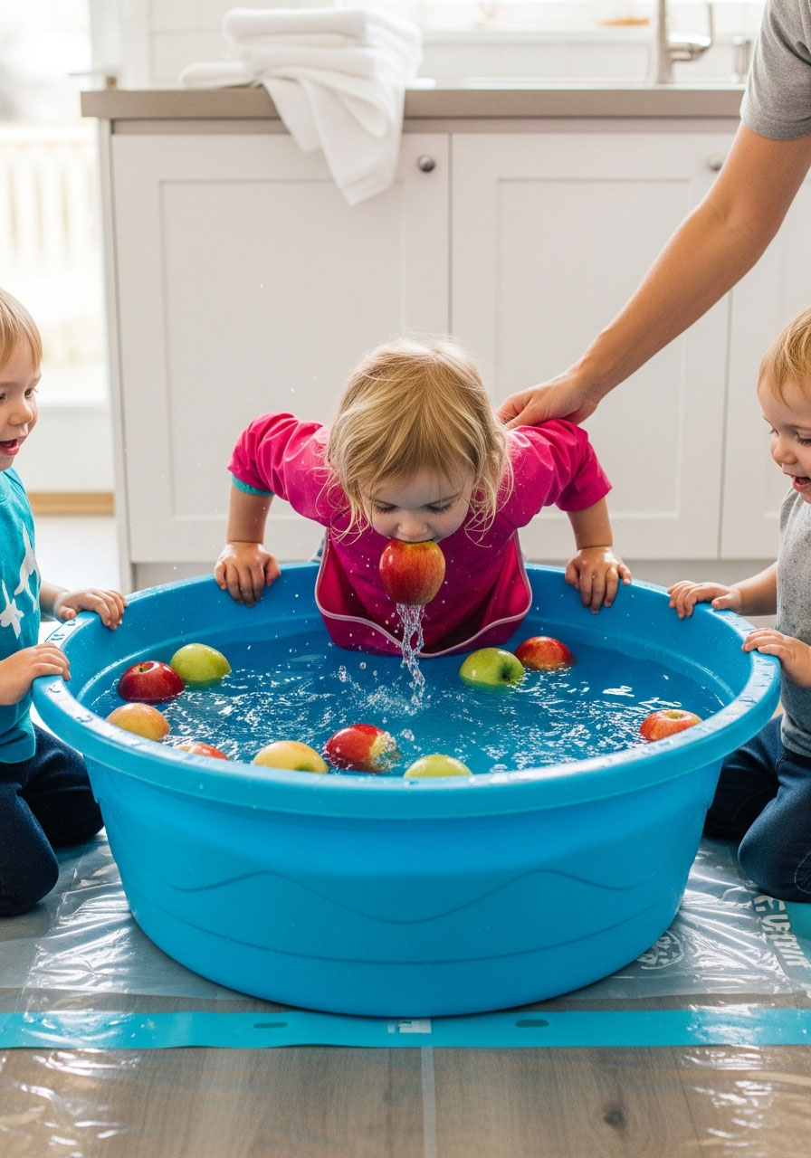 Toddler bobbing for apples in water tub during indoor birthday party activity