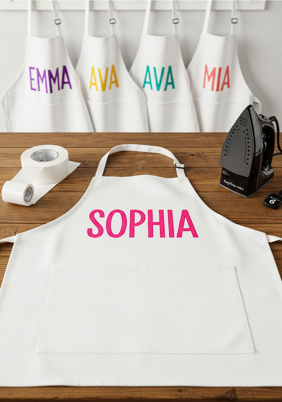 Personalized canvas aprons with children's names in colorful iron-on vinyl for art birthday party favors