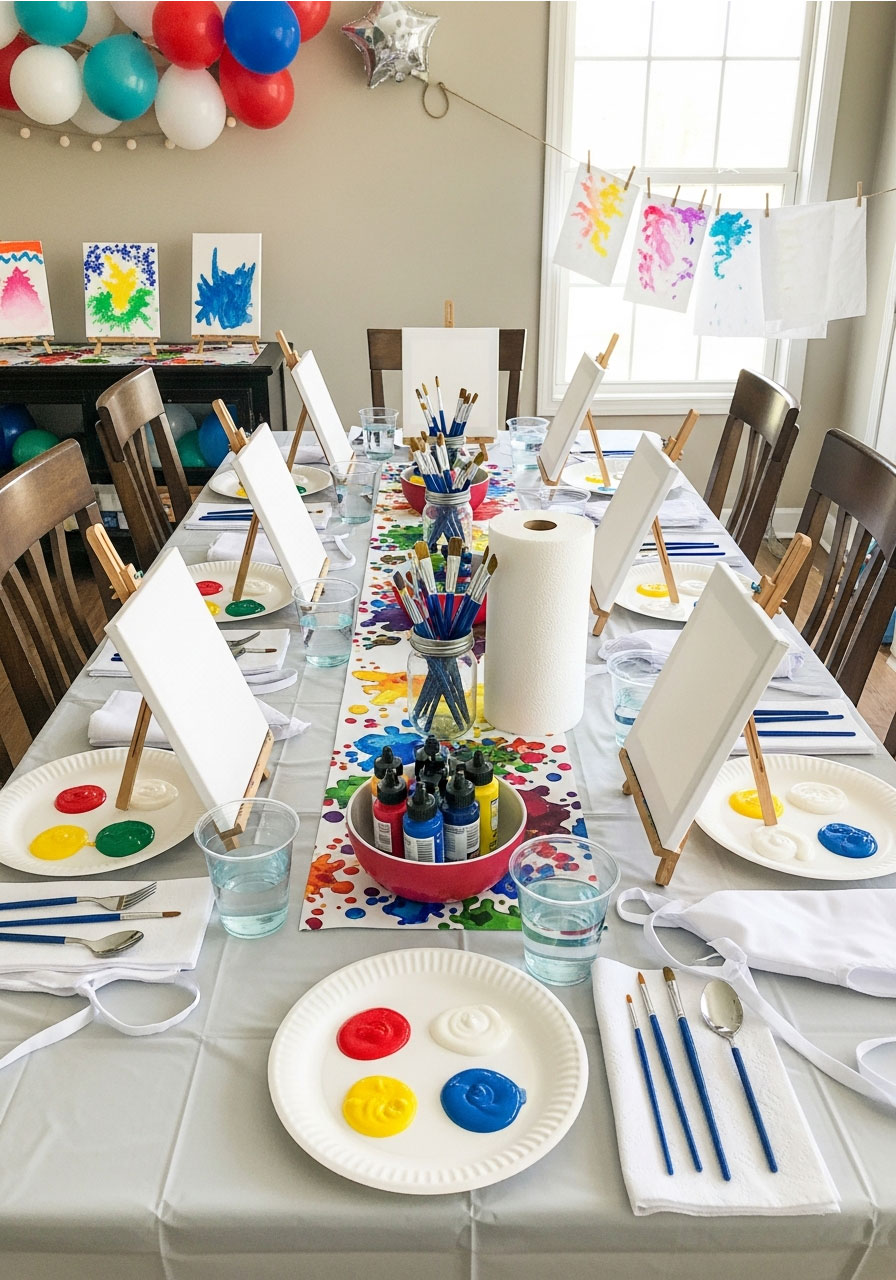 Complete DIY art birthday party table setup with painting stations, canvases, paints, and supplies ready for guests