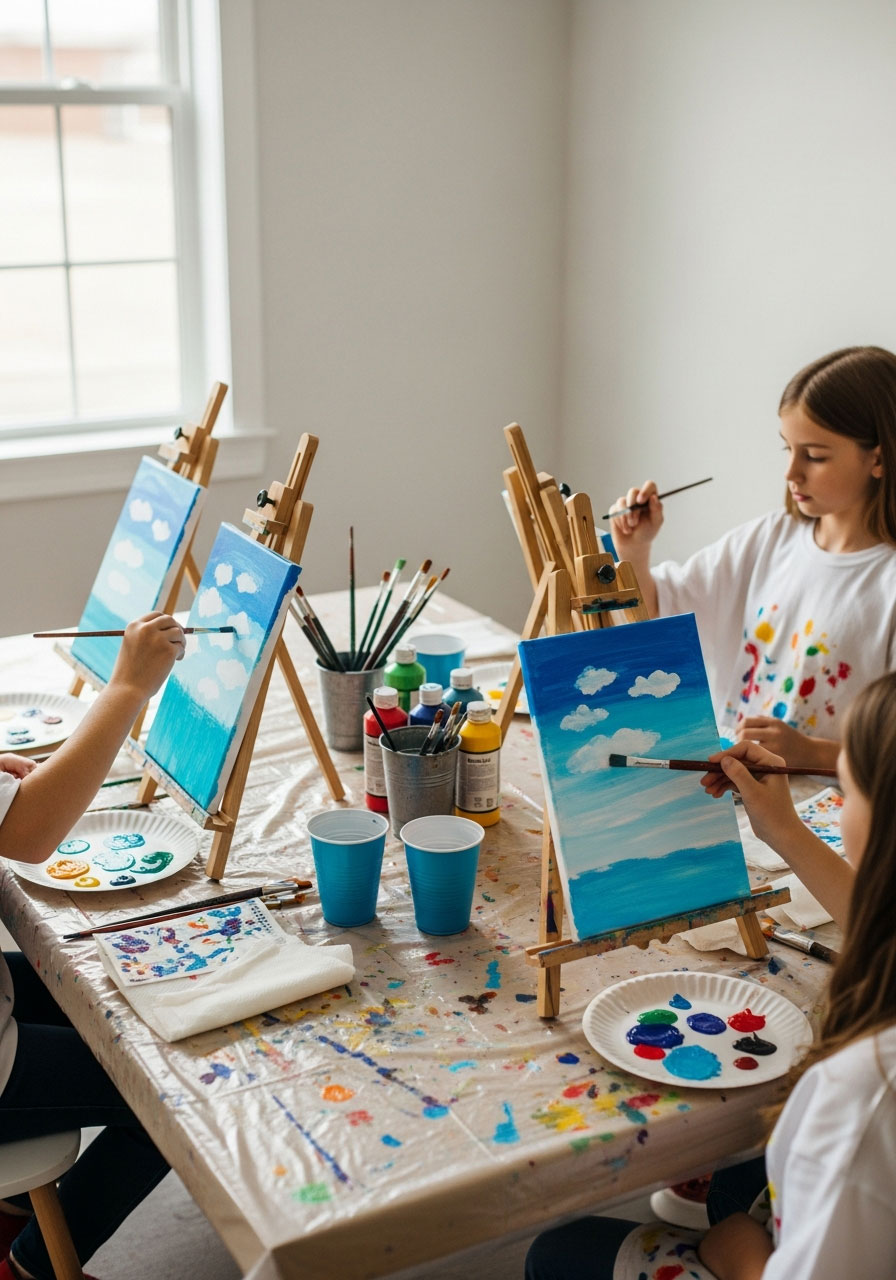 Children painting on canvases at creative art studio birthday party with colorful acrylic paints